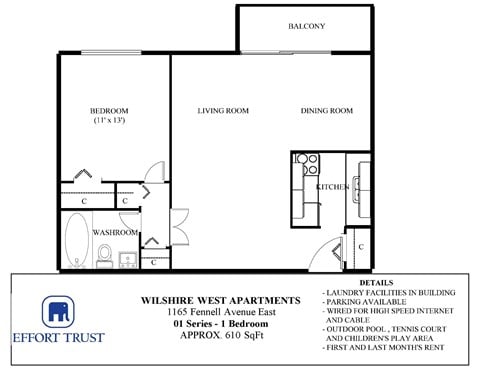 Floor plan for 1 bed, 1 bath, 700 sqft